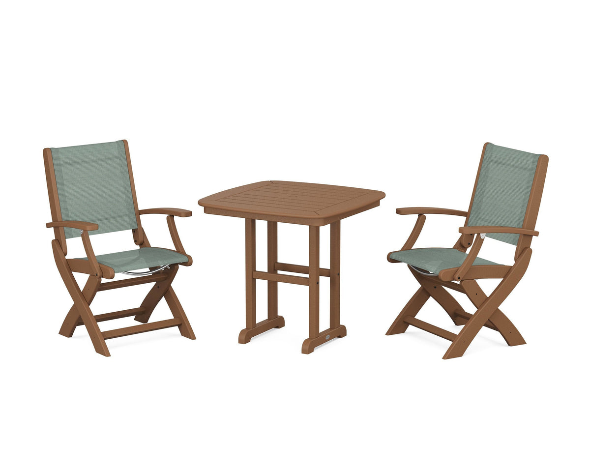 POLYWOOD Coastal Folding Chair 3-Piece Dining Set in Teak / Dupioni Sea Mist