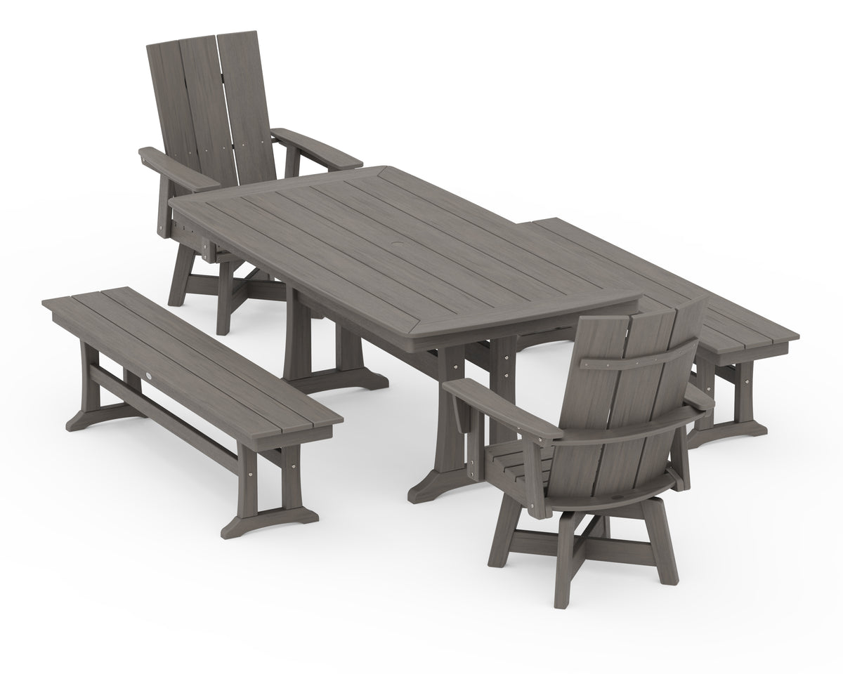 POLYWOOD Modern Curveback Adirondack Swivel Chair 5-Piece Dining Set with Trestle Legs and Benches in Driftwood