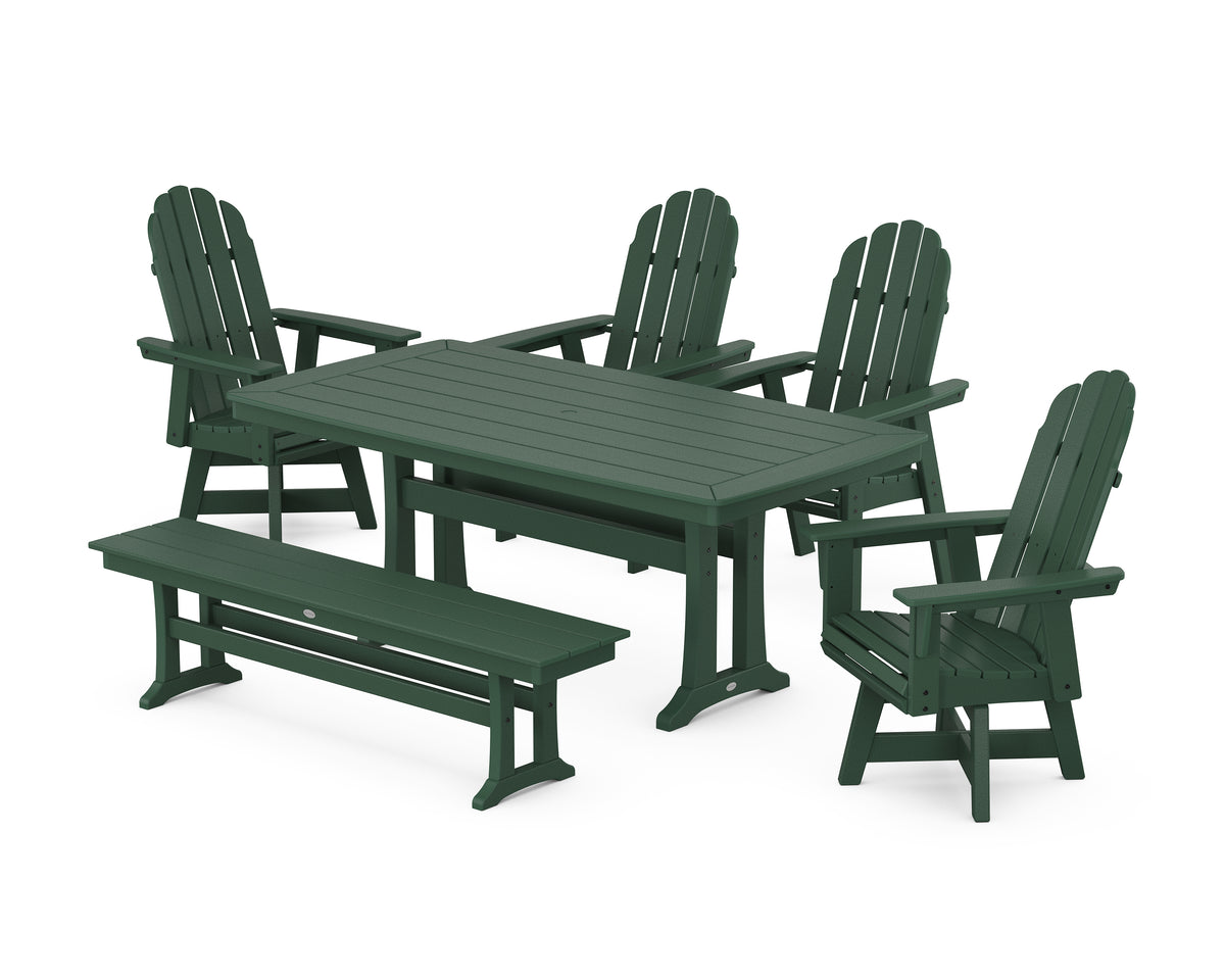 POLYWOOD Vineyard Curveback Adirondack Swivel Chair 6-Piece Dining Set with Trestle Legs and Bench in Green