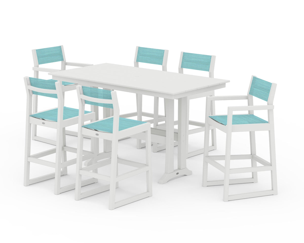POLYWOOD EDGE Sling 7-Piece Farmhouse Bar Set with Trestle Legs in Vintage White / Dupioni Aquamarine