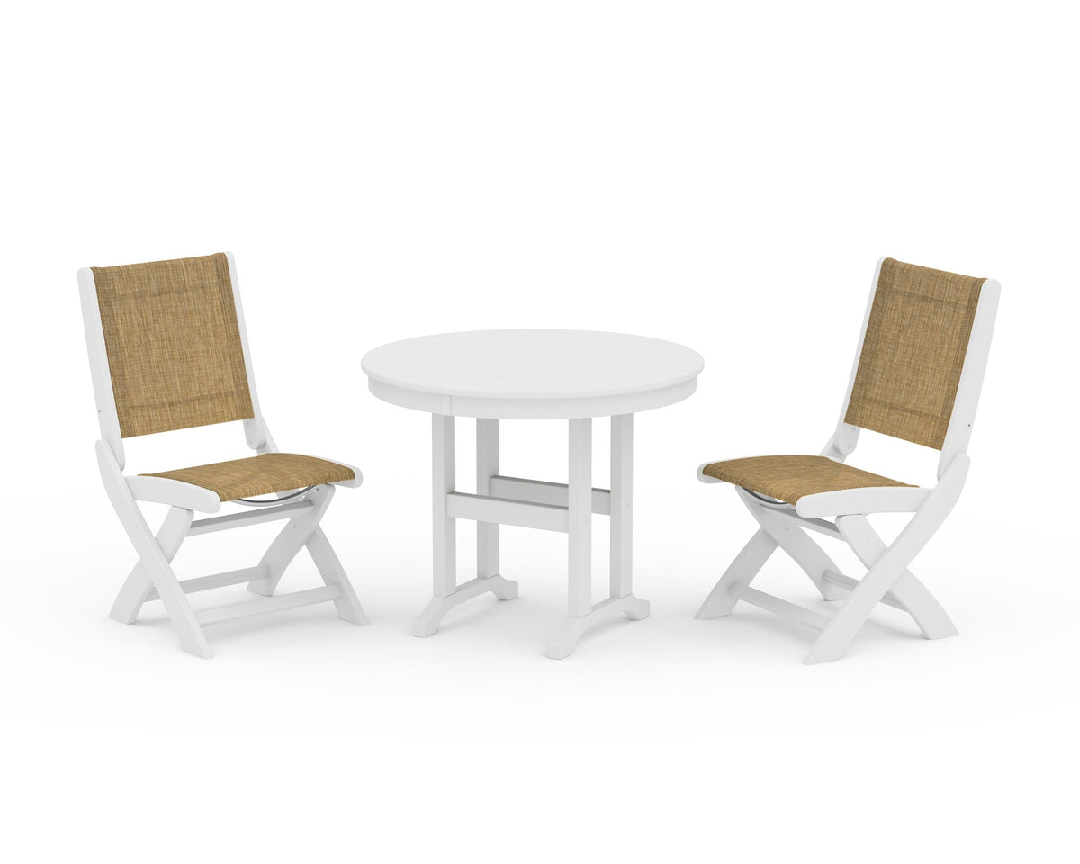 POLYWOOD Coastal Folding Side Chair 3-Piece Round Dining Set in White / Burlap