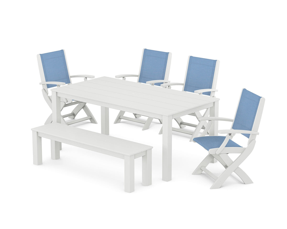 POLYWOOD Coastal Folding Chair 6-Piece Parsons Dining Set with Bench in White / Poolside