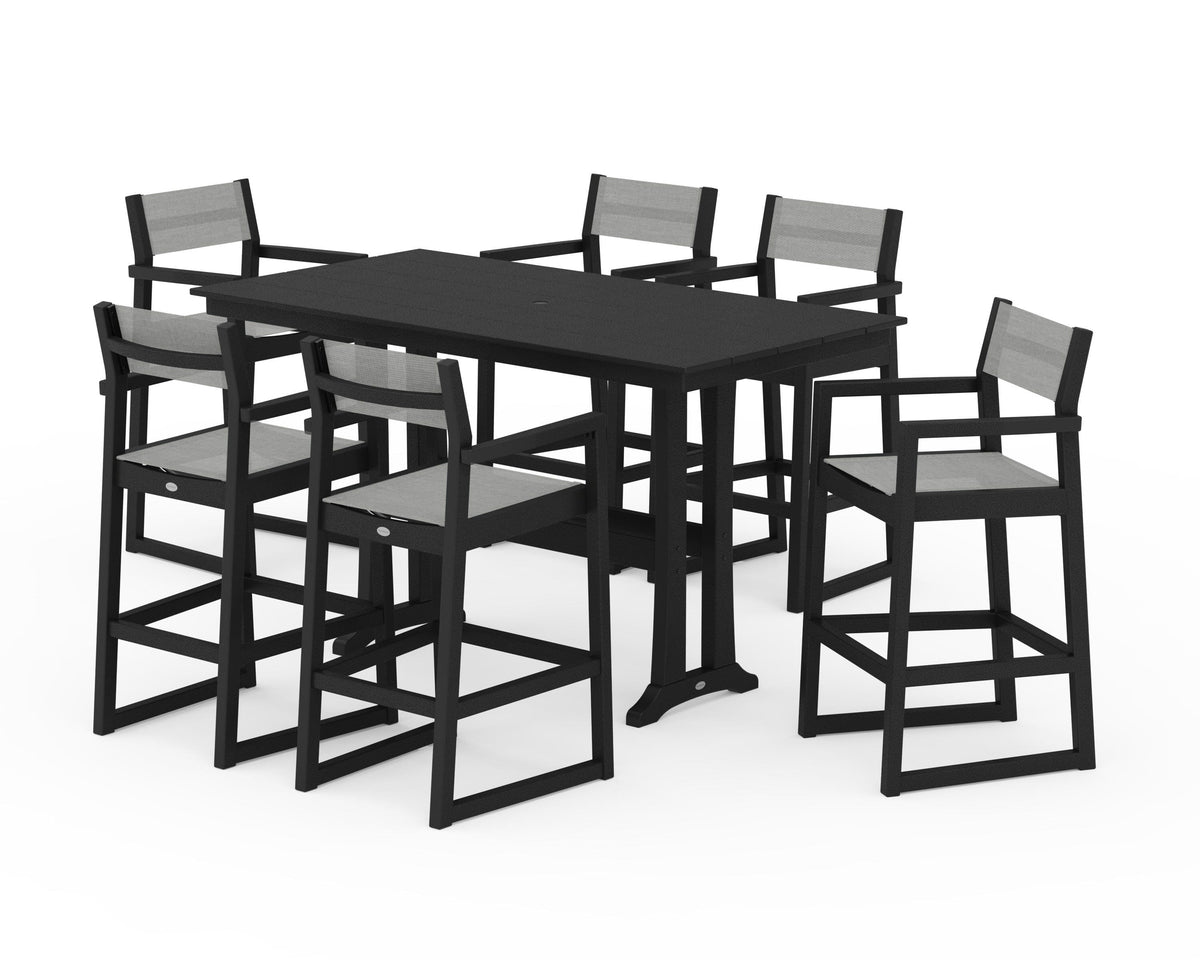 POLYWOOD EDGE Sling Arm Chair 7-Piece Farmhouse Bar Set with Trestle Legs in Black / Metallic