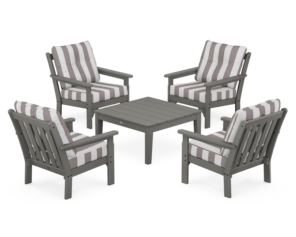 POLYWOOD Vineyard 5-Piece Deep Seating Conversation Set in Slate Grey / Cabana Stripe Grey Mist