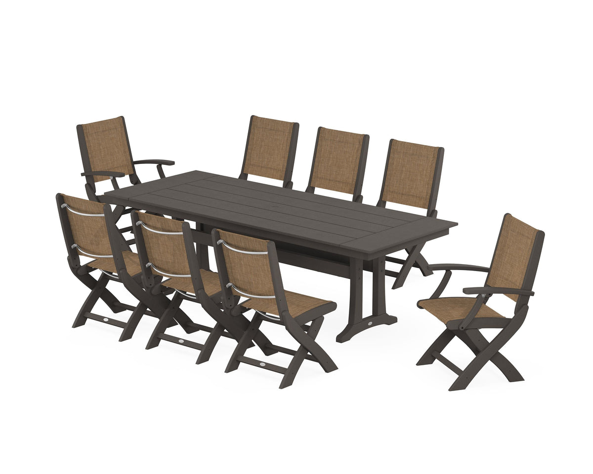 POLYWOOD Coastal 9-Piece Folding Dining Chair Farmhouse Dining Set with Trestle Legs in Vintage Coffee / Burlap