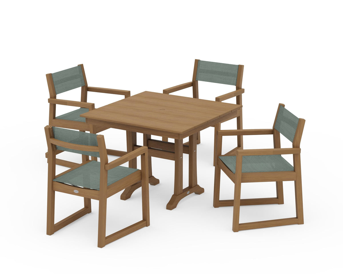 POLYWOOD EDGE Sling 5-Piece Farmhouse Dining Set with Trestle Legs in Natural / Dupioni Sea Mist