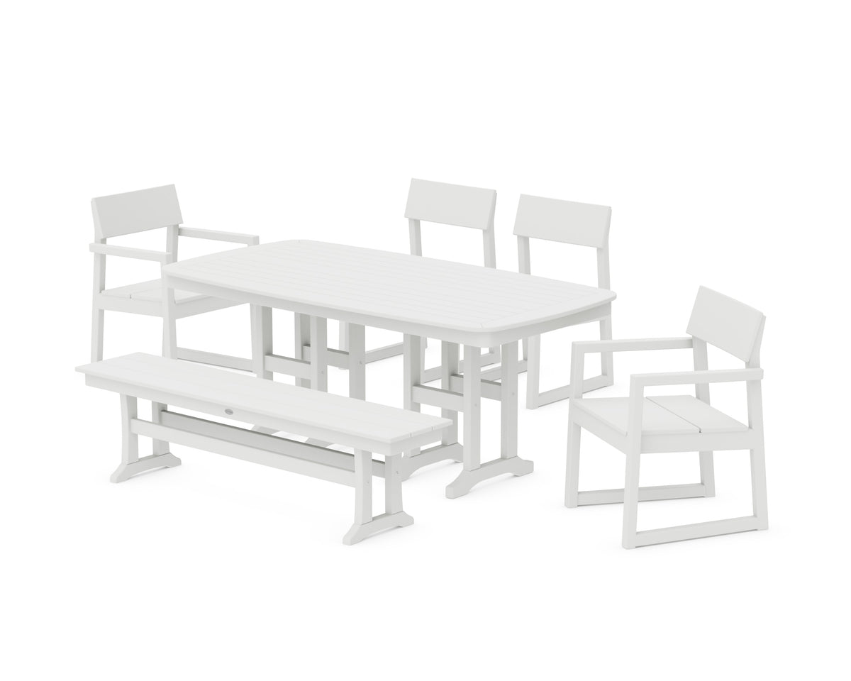 POLYWOOD EDGE 6-Piece Dining Set with Bench (Nautical 37" x 72" Table) in White