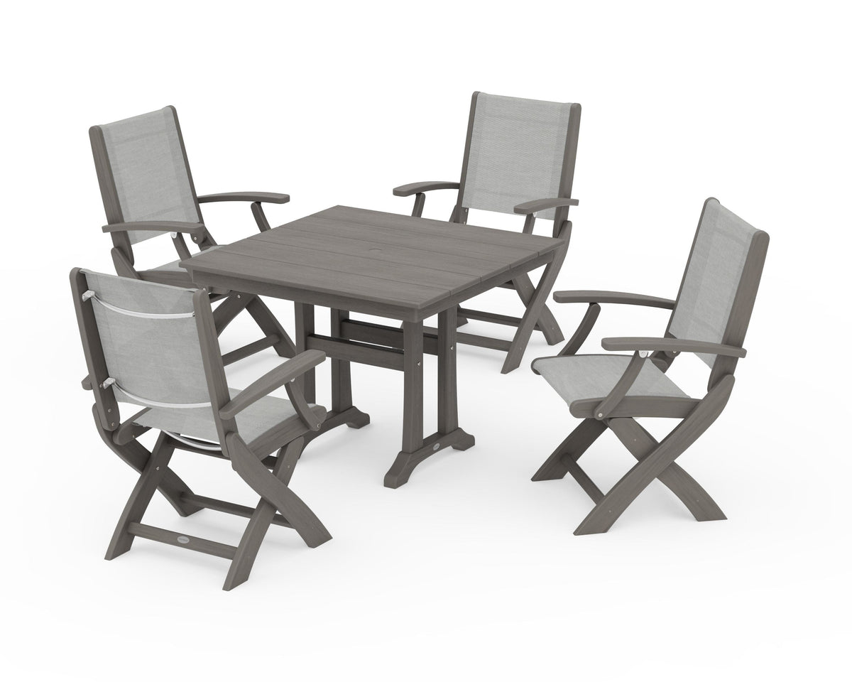 POLYWOOD Coastal Folding Chair 5-Piece Farmhouse Dining Set With Trestle Legs in Driftwood / Metallic