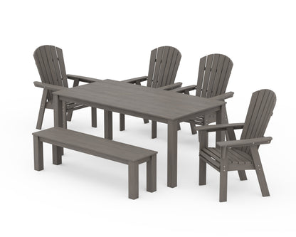 POLYWOOD Nautical Curveback Adirondack 6-Piece Parsons Dining Set with Bench in Driftwood
