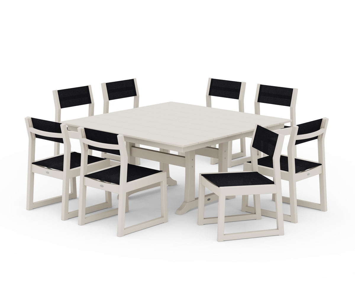 POLYWOOD EDGE Sling Side Chair 9-Piece Farmhouse Trestle Dining Set in Sand / Black