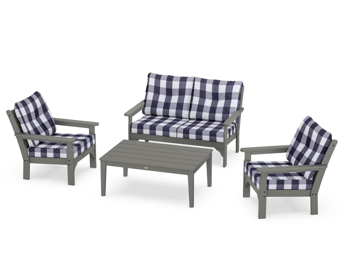 POLYWOOD Vineyard 4-Piece Deep Seating Set with Two Chairs and Loveseat in Slate Grey / Buffalo Plaid Navy