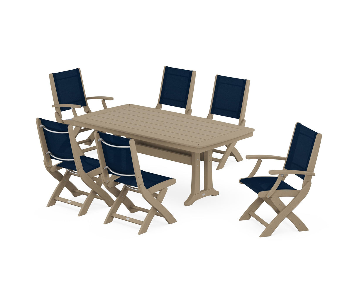 POLYWOOD Coastal Folding Chair 7-Piece Dining Set with Trestle Legs with Nautical Trestle 38" x 73" Dining Table in Vintage Sahara / Navy Blue