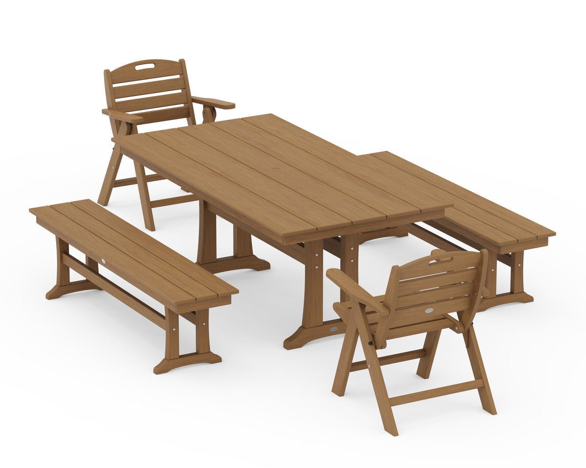 POLYWOOD Nautical Folding Lowback Chair 5-Piece Farmhouse Dining Set with Trestle Legs - 37" x 72" Table in Natural