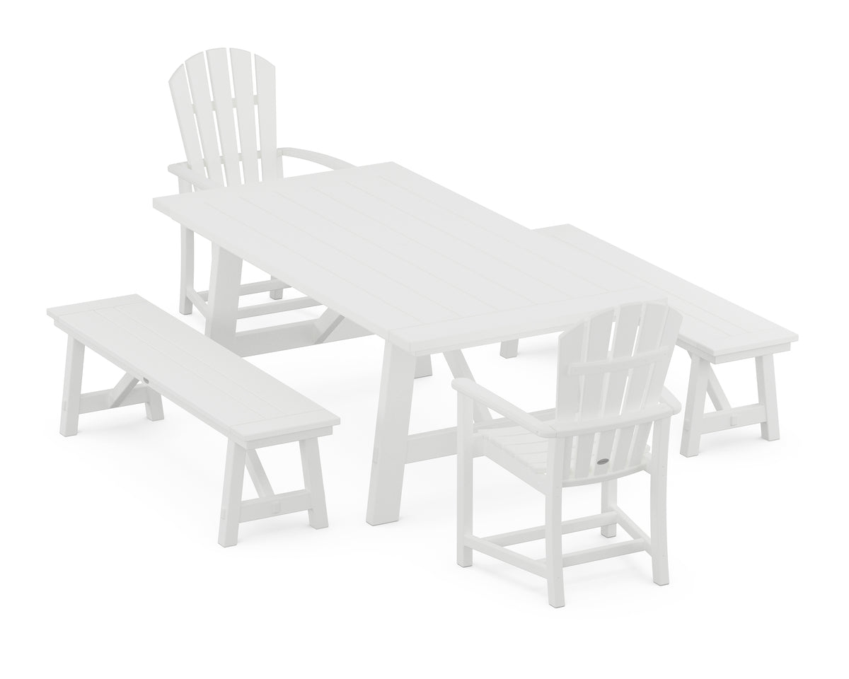 POLYWOOD Palm Coast 5-Piece Rustic Farmhouse Dining Set with Benches in White