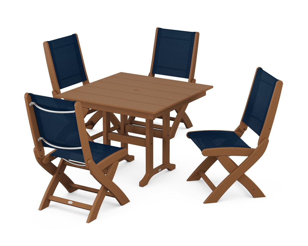 POLYWOOD Coastal Folding Side Chair 5-Piece Farmhouse Dining Set in Teak / Navy Blue