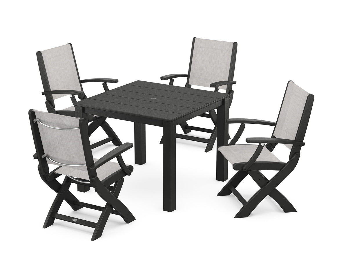 POLYWOOD Coastal Folding Chair 5-Piece Parsons Dining Set in Black / Parchment