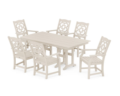 POLYWOOD Chinoiserie Arm Chair 7-Piece Farmhouse Dining Set in Sand