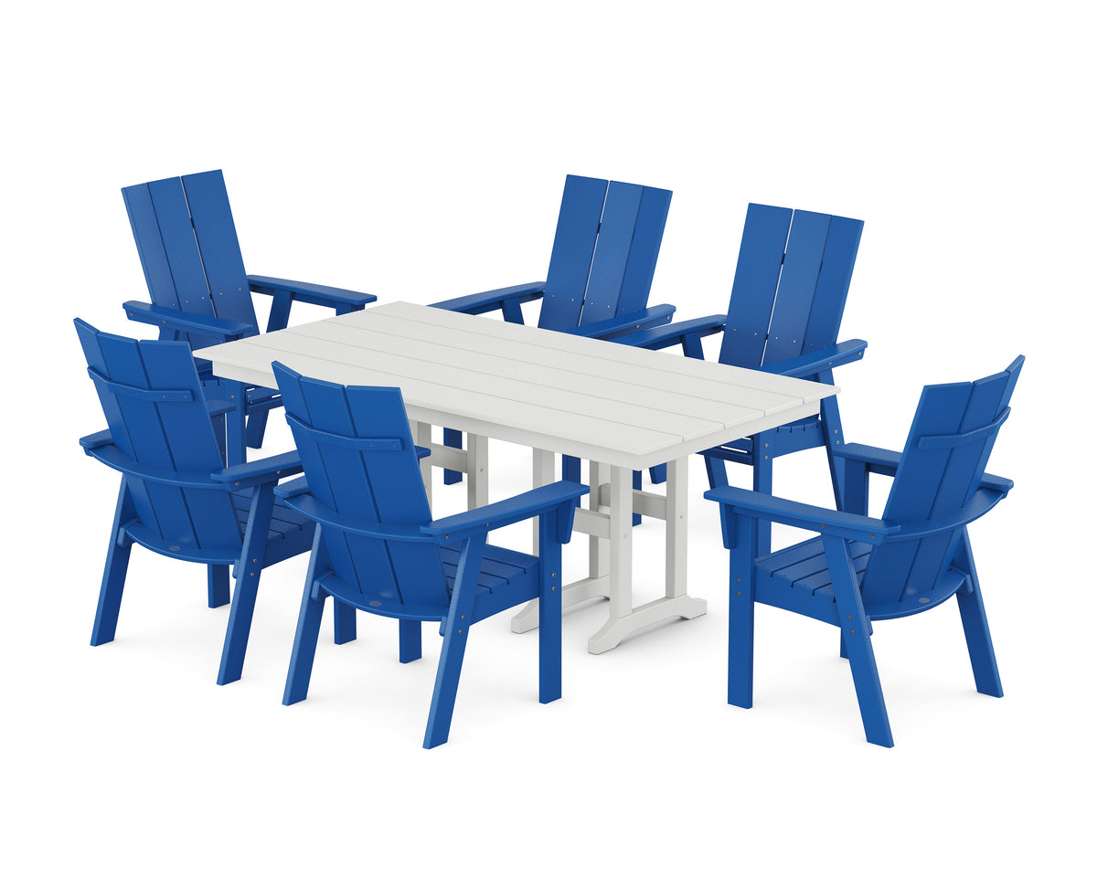 POLYWOOD Modern Curveback Adirondack 7-Piece Farmhouse Dining Set in Pacific Blue / White