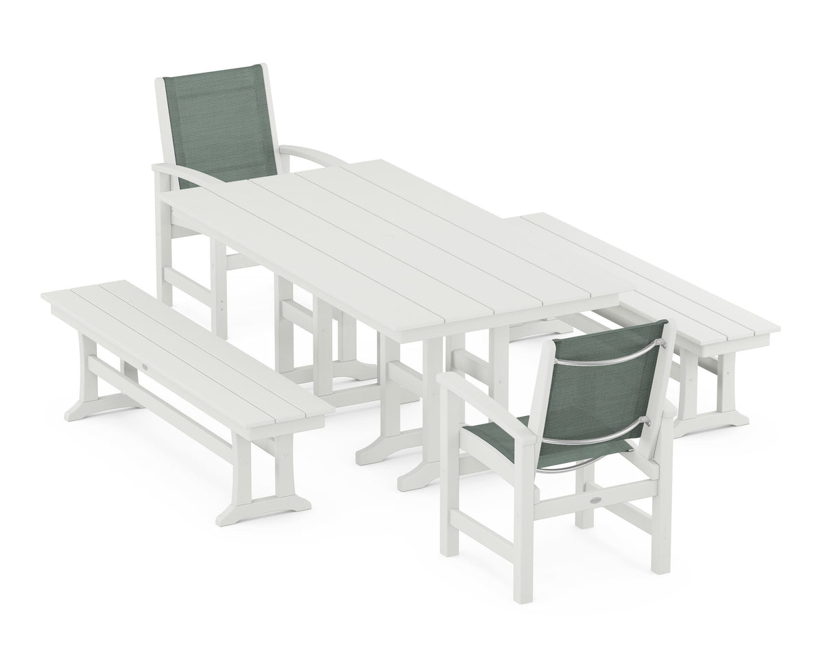 POLYWOOD Coastal 5-Piece Farmhouse Dining Set with Farmhouse 37" x 72" Dining Table in Vintage White / Dupioni Sea Mist