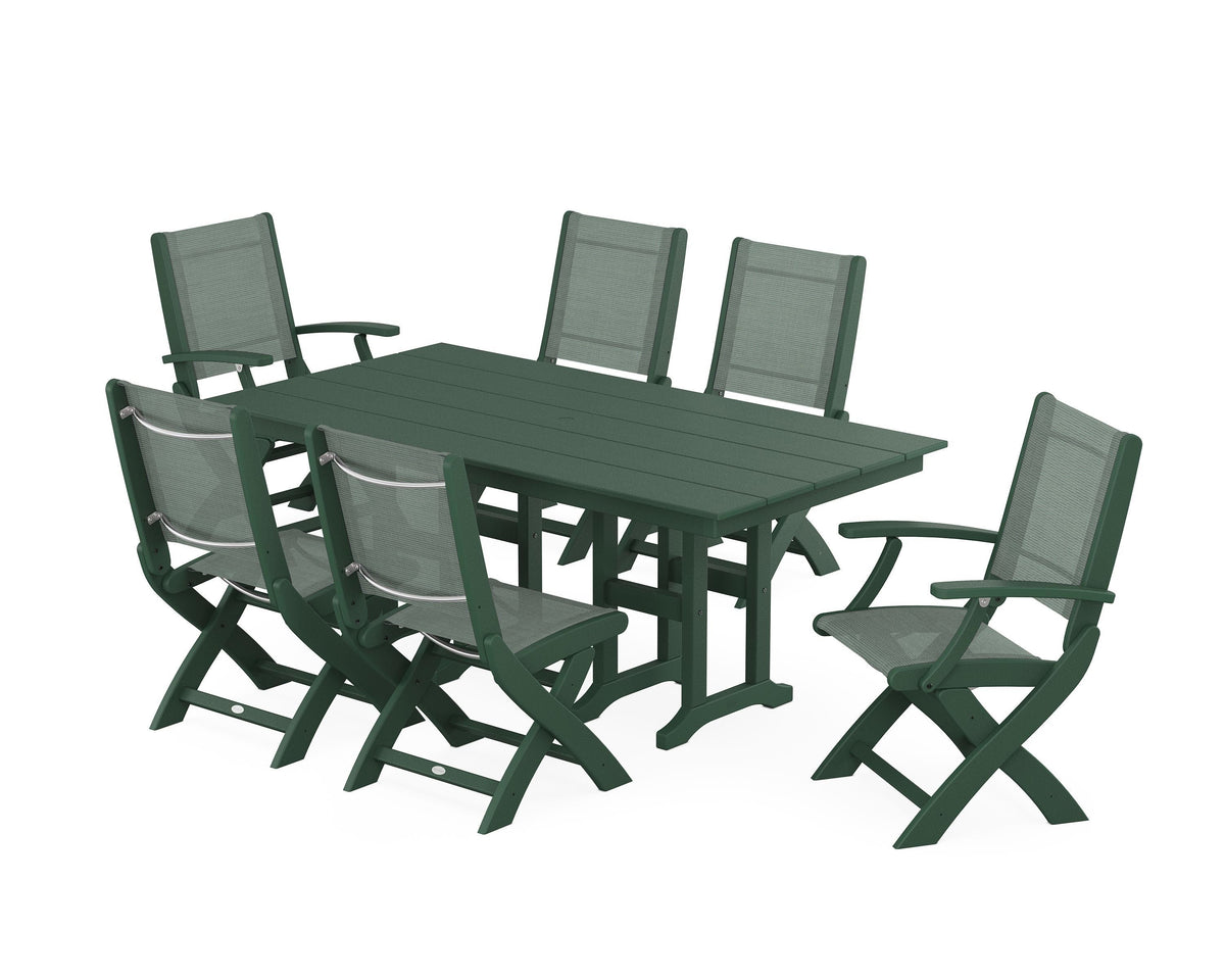 POLYWOOD Coastal Folding Chair 7-Piece Farmhouse Dining Set in Green / Dupioni Sea Mist