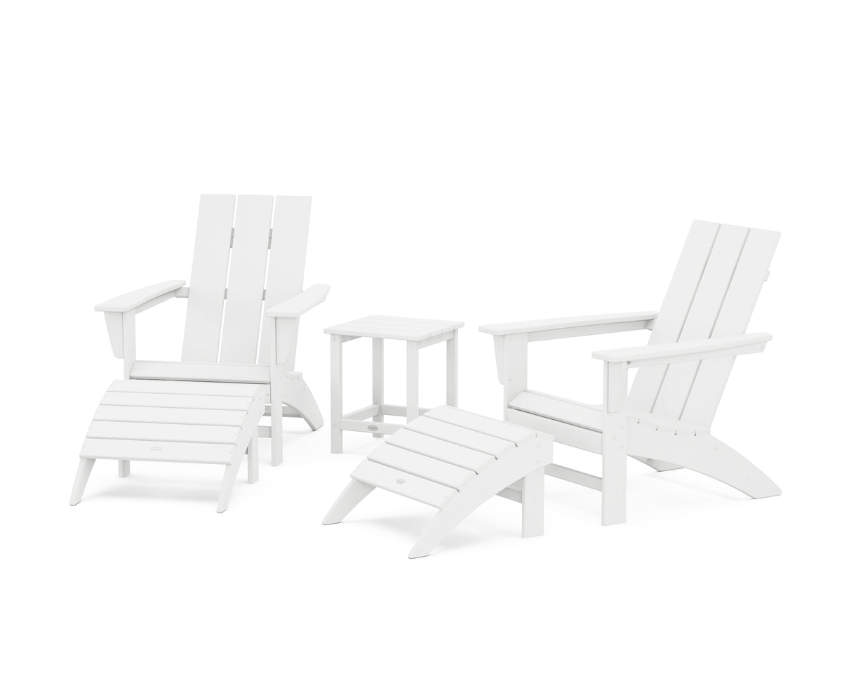 POLYWOOD Modern Adirondack Chair 5-Piece Set with Ottomans and 18" Side Table in White