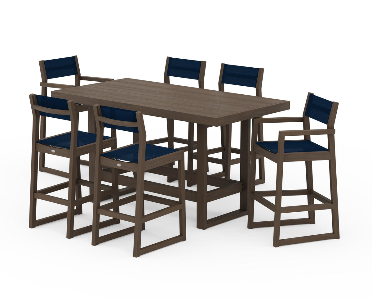 POLYWOOD EDGE Sling 7-Piece Bar Table Set in Kona / Navy Blue