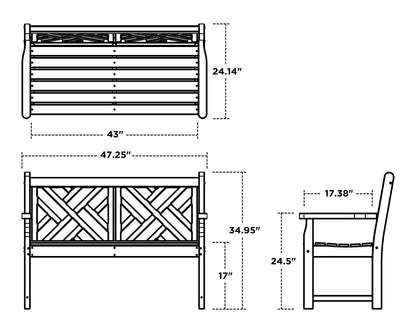 POLYWOOD Chippendale 48" Bench dimension drawing with width, depth and height measurements