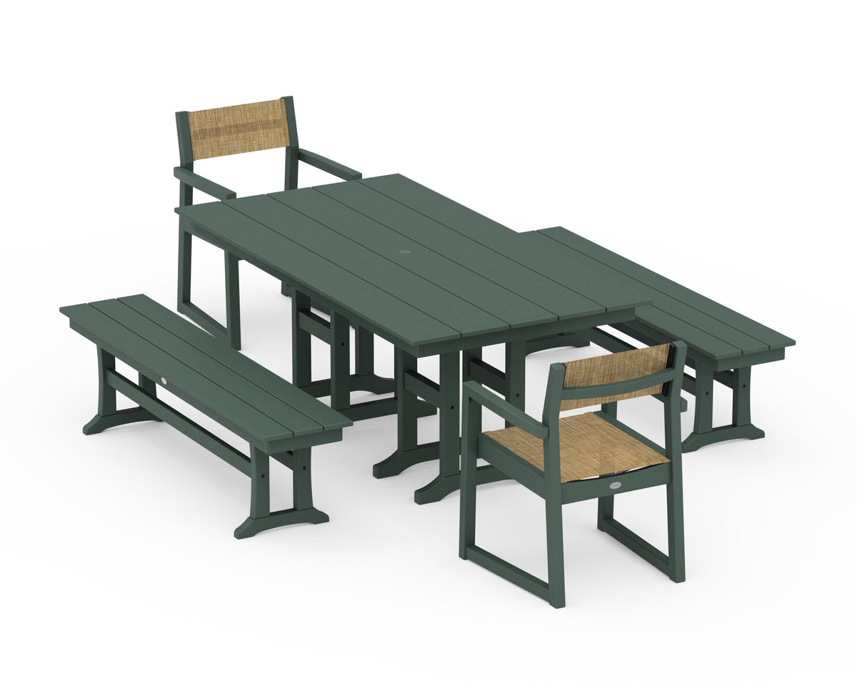 POLYWOOD EDGE Sling Arm Chair 5-Piece Farmhouse Dining Set with Benches in Green / Burlap