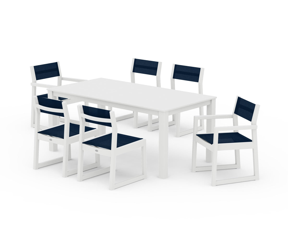 POLYWOOD EDGE Sling 7-Piece Parsons Dining Set in White / Navy Blue