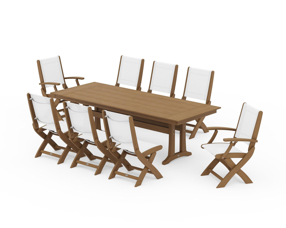 POLYWOOD Coastal 9-Piece Folding Dining Chair Farmhouse Dining Set with Trestle Legs in Natural / White