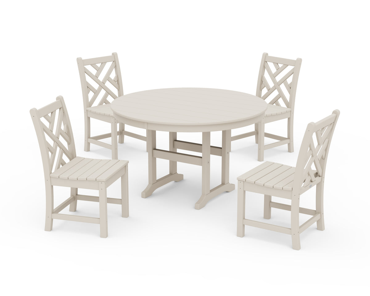 POLYWOOD Chippendale 5-Piece Round Farmhouse Side Chair Dining Set in Sand