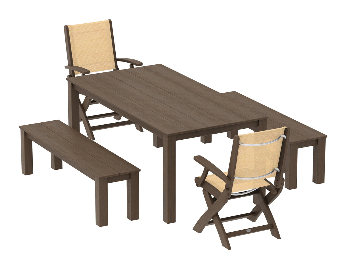 POLYWOOD Coastal Folding Chair 5-Piece Parsons Dining Set with Benches in Kona / Dupioni Apricot