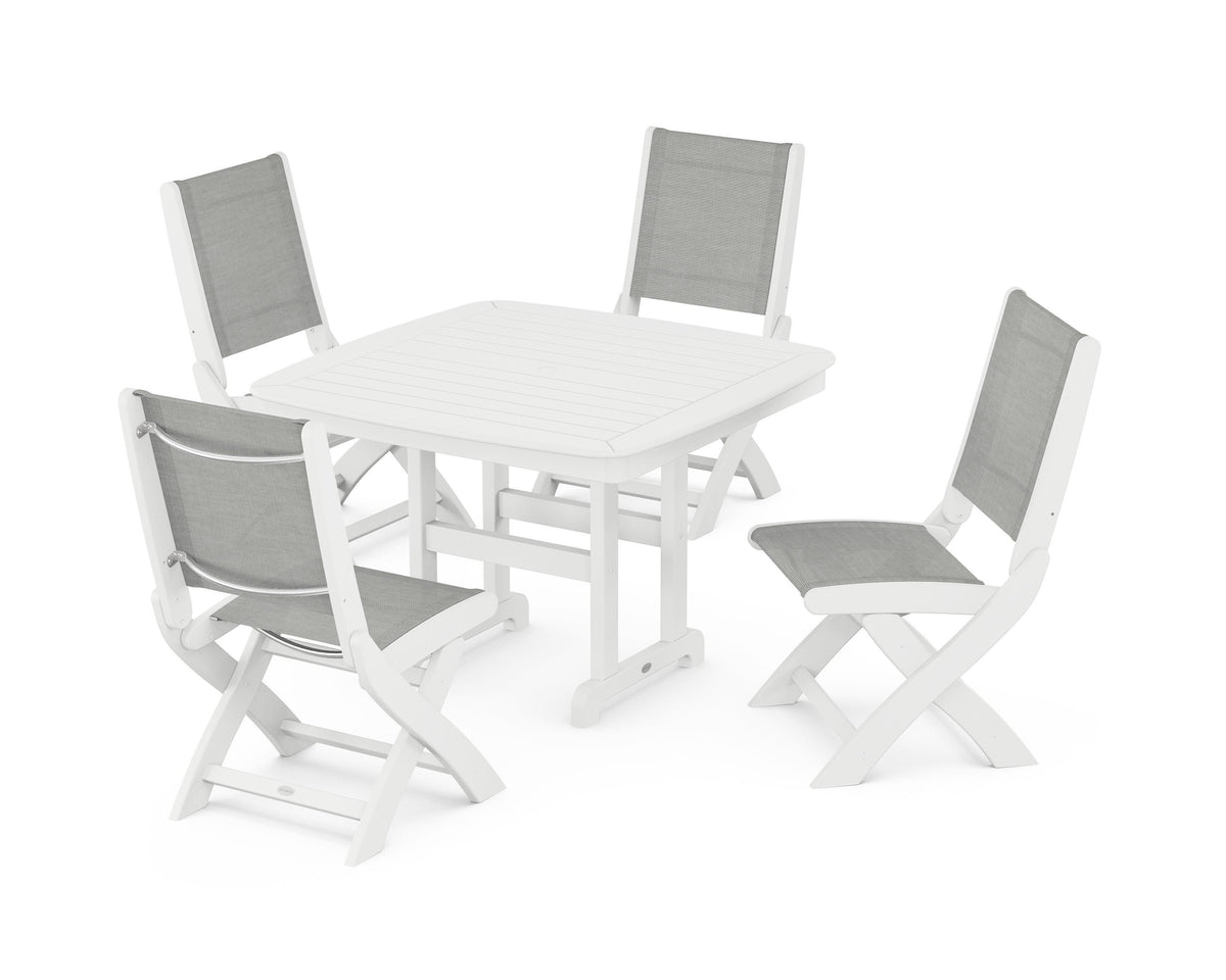 POLYWOOD Coastal Folding Side Chair 5-Piece Dining Set with Nautical 44" Dining Table in White / Metallic
