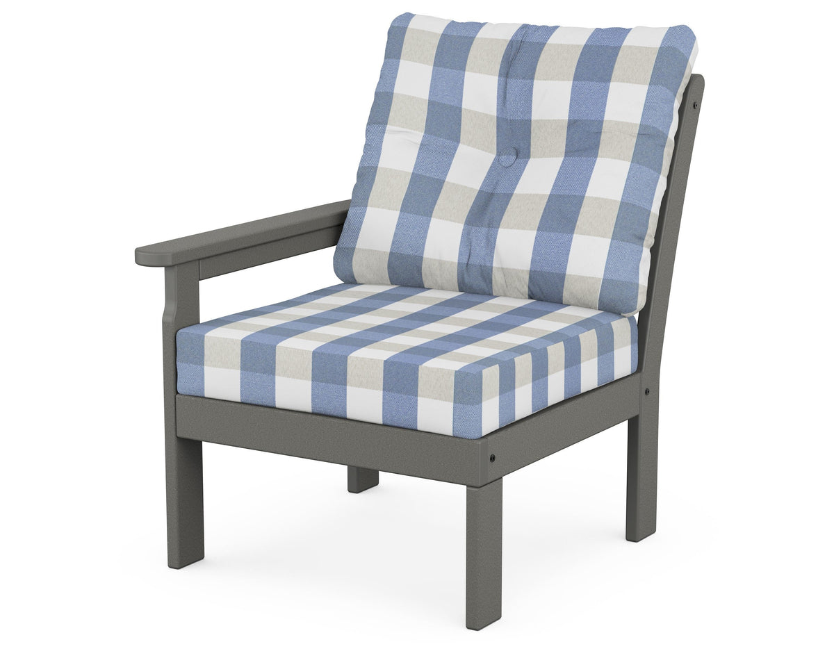 POLYWOOD Vineyard Modular Left Arm Chair in Slate Grey / Buffalo Plaid Sky Blue