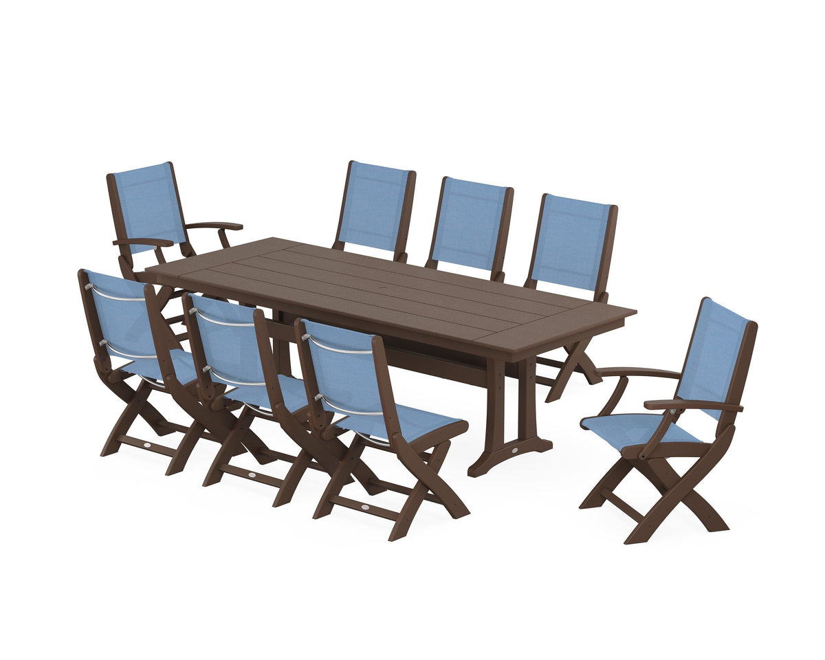 POLYWOOD Coastal 9-Piece Folding Dining Chair Farmhouse Dining Set with Trestle Legs in Mahogany / Poolside