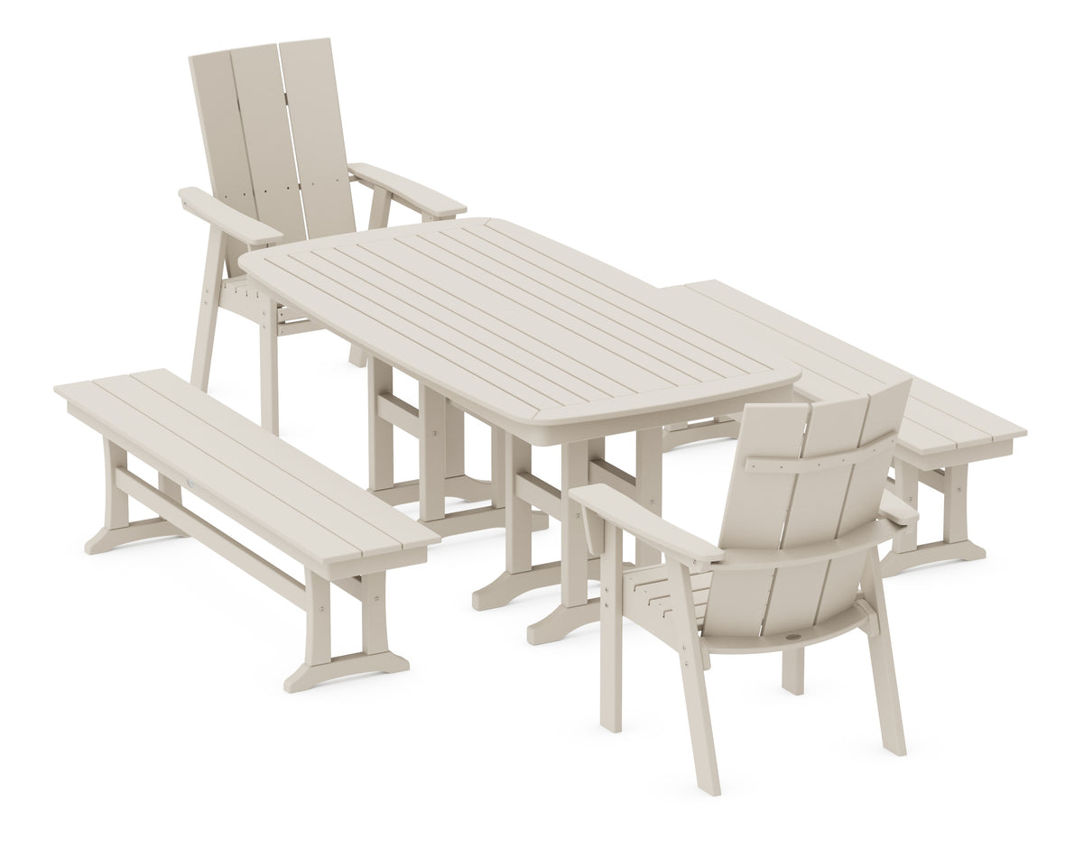 POLYWOOD Modern Curveback Adirondack 5-Piece Dining Set with Benches - 37" x 72" Table in Sand