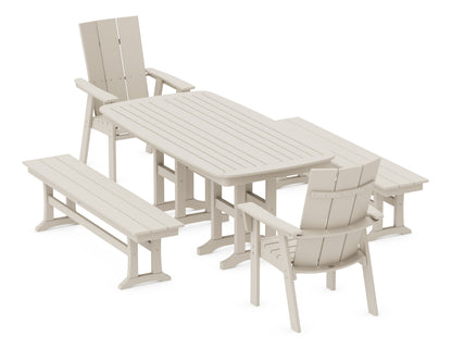 POLYWOOD Modern Curveback Adirondack 5-Piece Dining Set with Benches - 37" x 72" Table in Sand