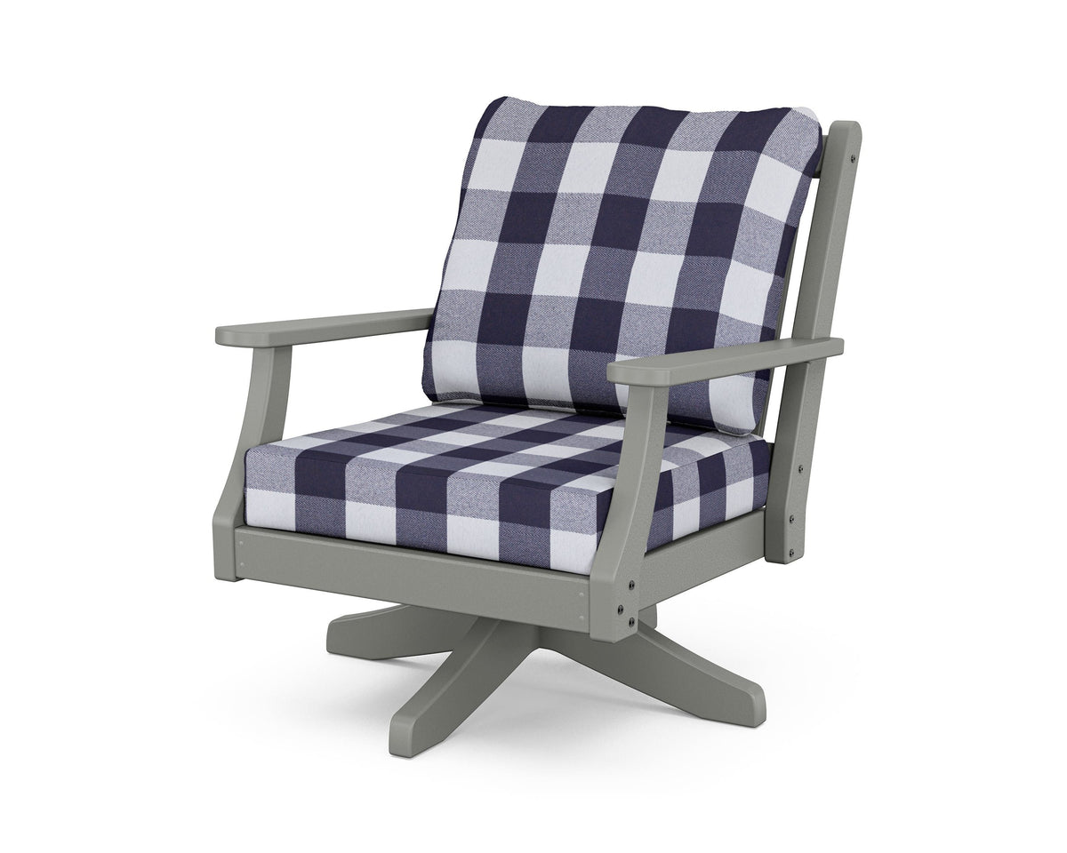 POLYWOOD Wovendale Deep Seating Swivel Chair in Slate Grey / Buffalo Plaid Navy