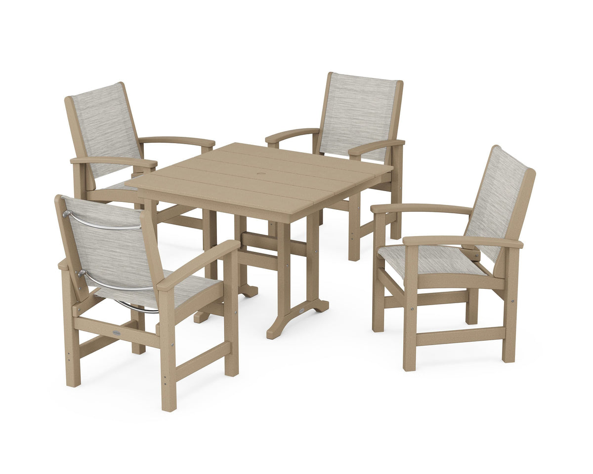 POLYWOOD Coastal 5-Piece Farmhouse Dining Set with Farmhouse 37" Dining Table in Vintage Sahara / Birch