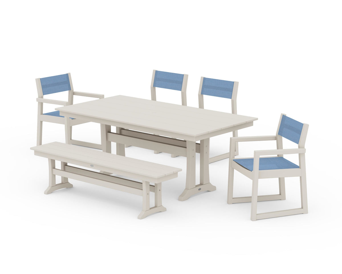 POLYWOOD EDGE Sling 6-Piece Farmhouse Dining Set With Trestle Legs in Sand / Poolside