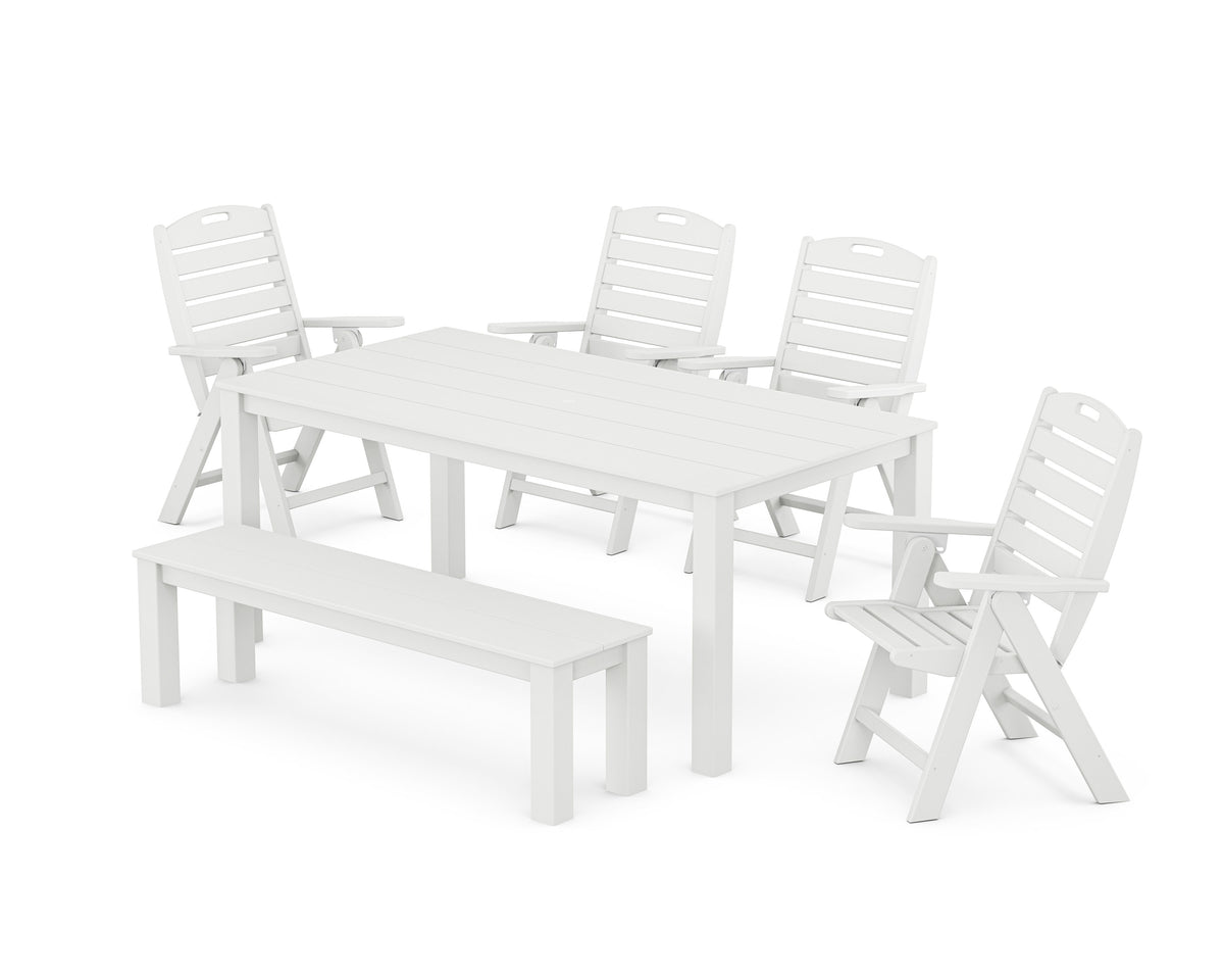 POLYWOOD Nautical Folding Highback Chair 6-Piece Parsons Dining Set with Bench in White