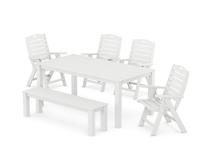 POLYWOOD Nautical Folding Highback Chair 6-Piece Parsons Dining Set with Bench in White