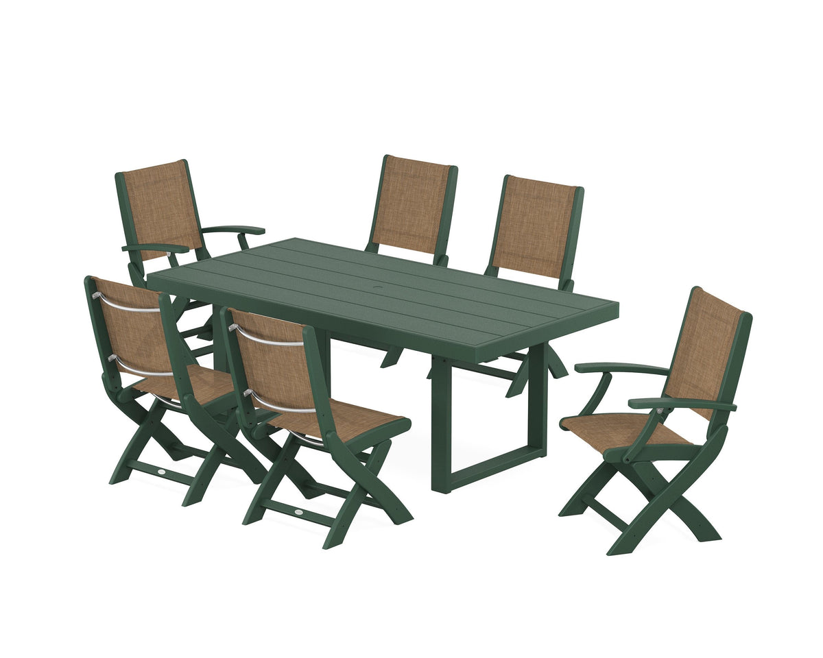 POLYWOOD Coastal Folding Chair 7-Piece Dining Set with Trestle Legs with EDGE 40" x 78" Dining Table in Green / Burlap