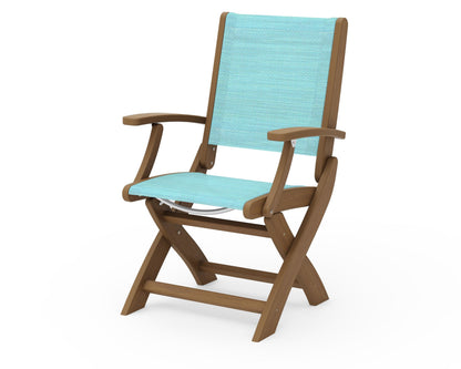 POLYWOOD Coastal Folding Chair in Natural with Natural arms and Dupioni Aquamarine sling