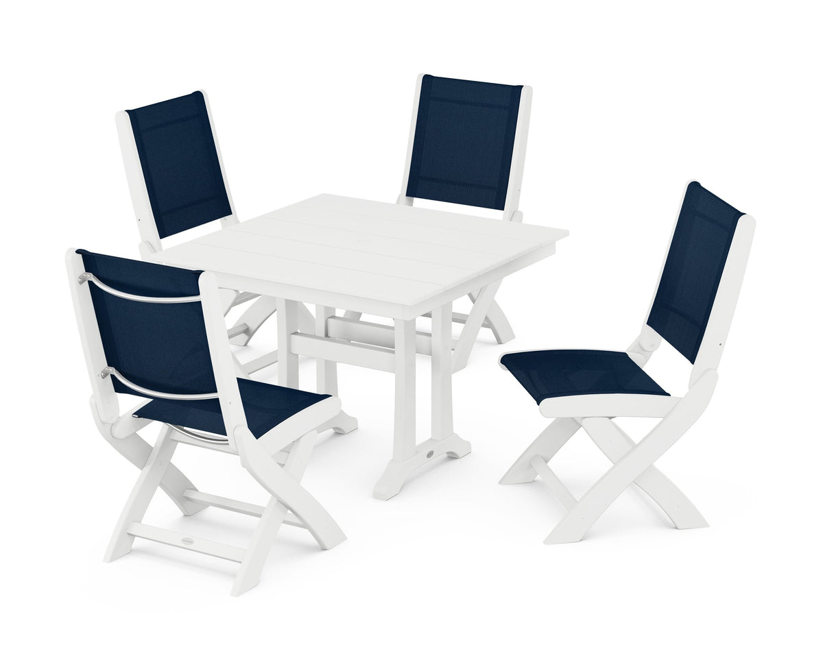 POLYWOOD Coastal Folding Side Chair 5-Piece Farmhouse Dining Set With Trestle Legs in White / Navy Blue