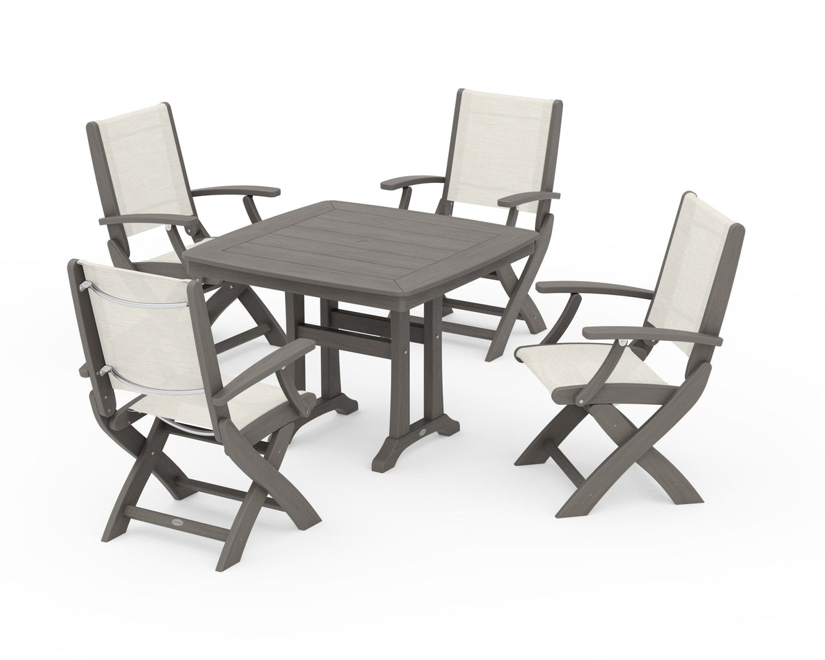 POLYWOOD Coastal Folding Chair 5-Piece Dining Set with Trestle Legs in Driftwood / Parchment