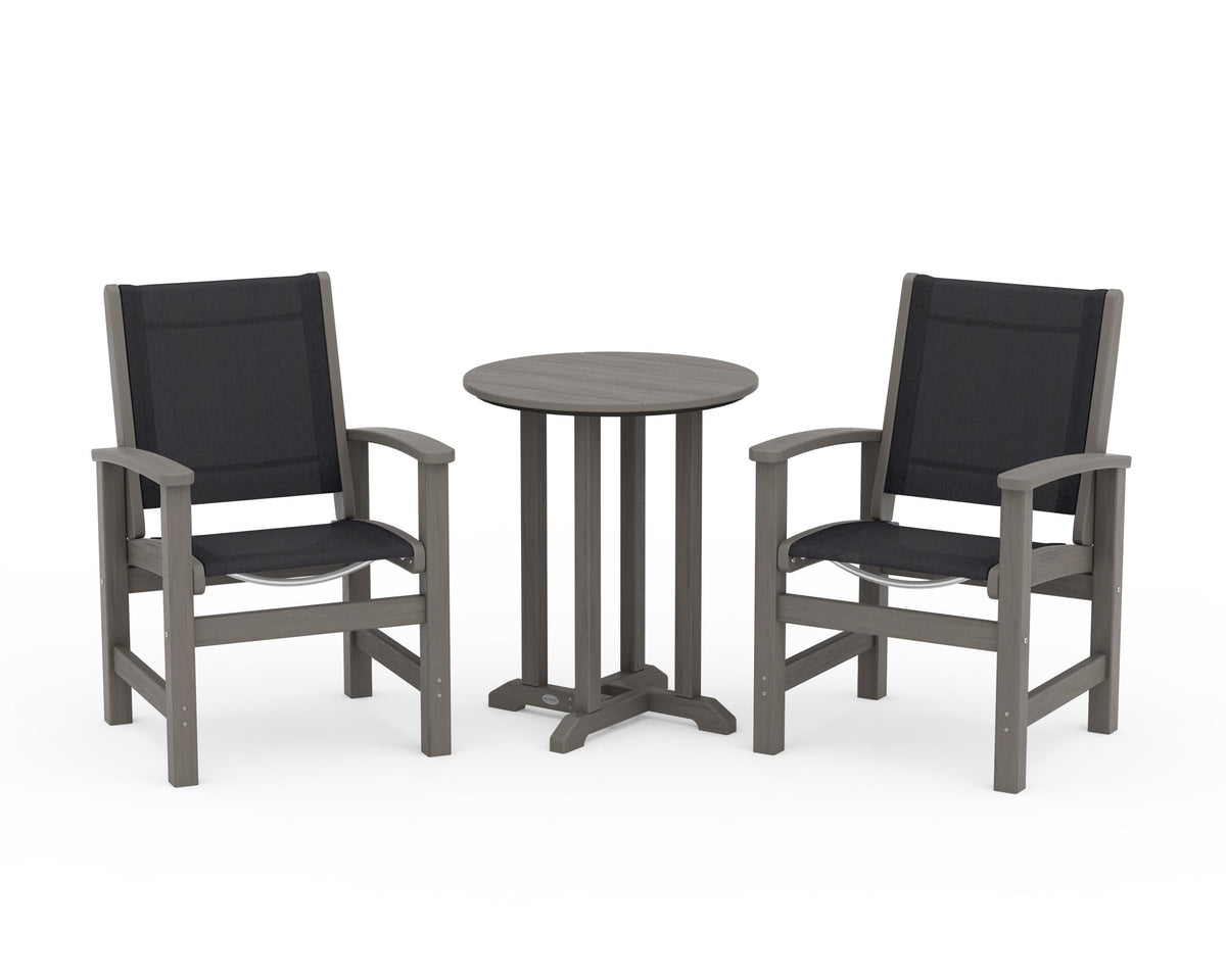 POLYWOOD Coastal 3-Piece Round Bistro Dining Set in Driftwood / Black