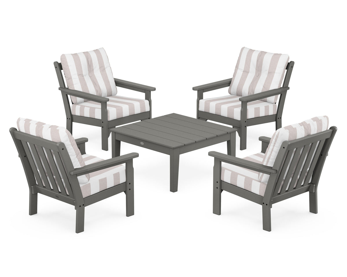 POLYWOOD Vineyard 5-Piece Deep Seating Conversation Set in Slate Grey / Cabana Stripe Dune Burlap
