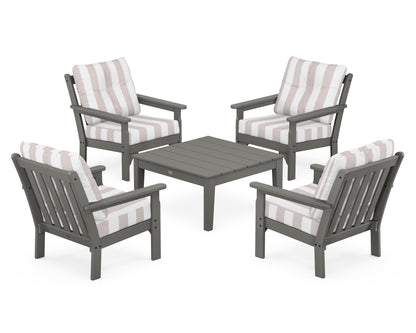 POLYWOOD Vineyard 5-Piece Deep Seating Conversation Set in Slate Grey / Cabana Stripe Dune Burlap