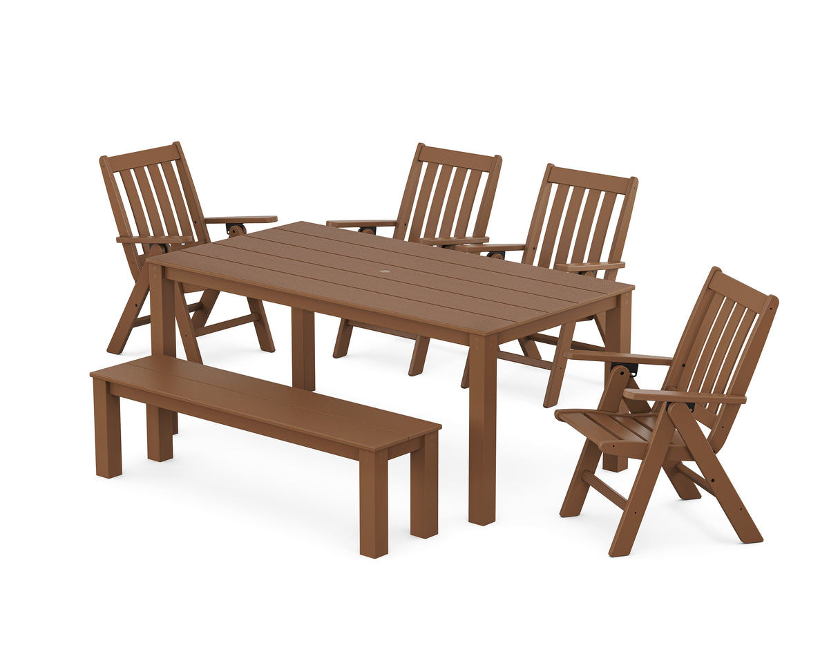 POLYWOOD Vineyard Folding Chair 6-Piece Parsons Dining Set with Bench in Teak